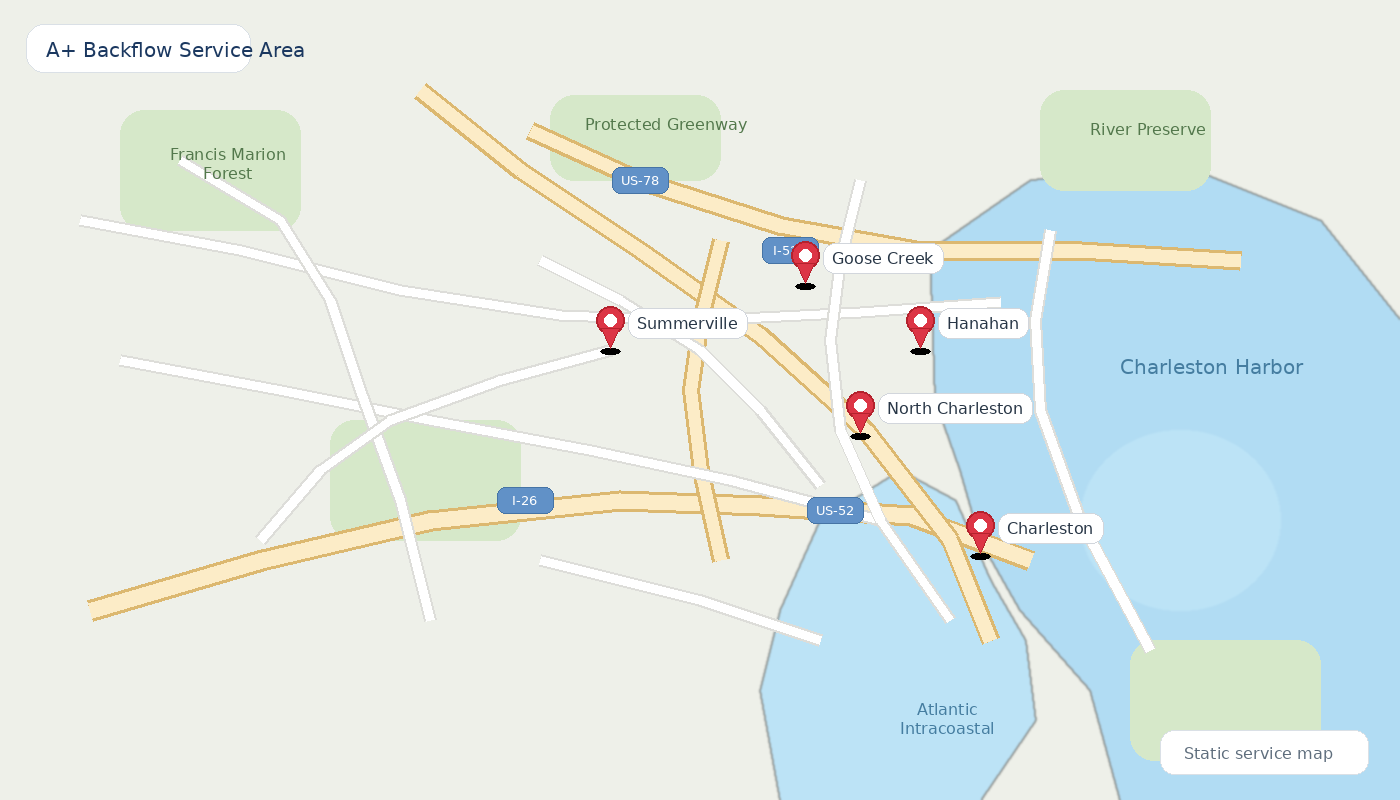 A+ Backflow Testing Charleston area service map